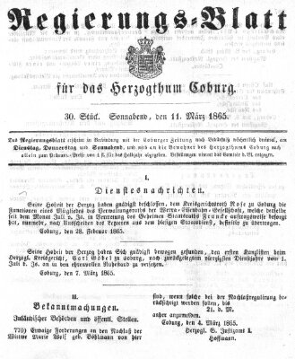 Regierungs-Blatt für das Herzogtum Coburg (Coburger Regierungs-Blatt) Samstag 11. März 1865