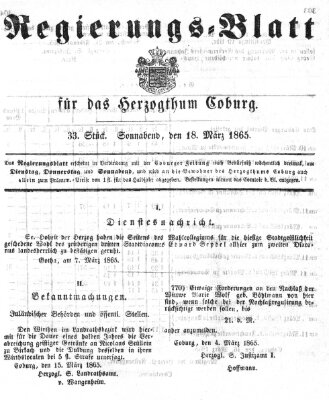 Regierungs-Blatt für das Herzogtum Coburg (Coburger Regierungs-Blatt) Samstag 18. März 1865