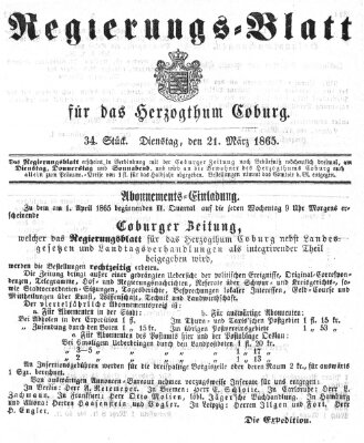 Regierungs-Blatt für das Herzogtum Coburg (Coburger Regierungs-Blatt) Dienstag 21. März 1865