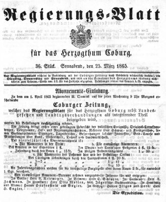 Regierungs-Blatt für das Herzogtum Coburg (Coburger Regierungs-Blatt) Samstag 25. März 1865