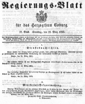 Regierungs-Blatt für das Herzogtum Coburg (Coburger Regierungs-Blatt) Dienstag 28. März 1865