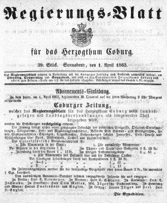 Regierungs-Blatt für das Herzogtum Coburg (Coburger Regierungs-Blatt) Samstag 1. April 1865