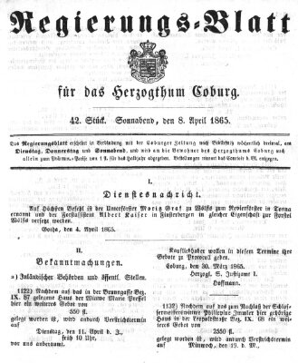 Regierungs-Blatt für das Herzogtum Coburg (Coburger Regierungs-Blatt) Samstag 8. April 1865