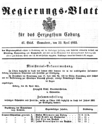 Regierungs-Blatt für das Herzogtum Coburg (Coburger Regierungs-Blatt) Samstag 22. April 1865