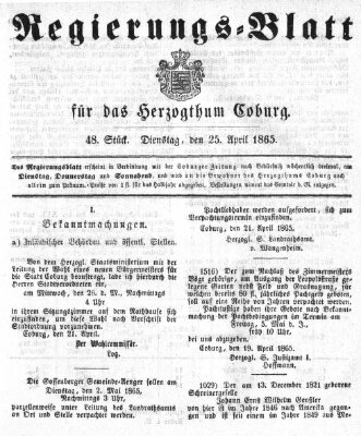 Regierungs-Blatt für das Herzogtum Coburg (Coburger Regierungs-Blatt) Dienstag 25. April 1865