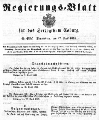 Regierungs-Blatt für das Herzogtum Coburg (Coburger Regierungs-Blatt) Donnerstag 27. April 1865