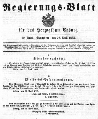 Regierungs-Blatt für das Herzogtum Coburg (Coburger Regierungs-Blatt) Samstag 29. April 1865