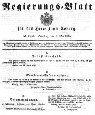 Regierungs-Blatt für das Herzogtum Coburg (Coburger Regierungs-Blatt) Dienstag 2. Mai 1865