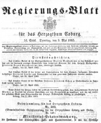 Regierungs-Blatt für das Herzogtum Coburg (Coburger Regierungs-Blatt) Dienstag 9. Mai 1865