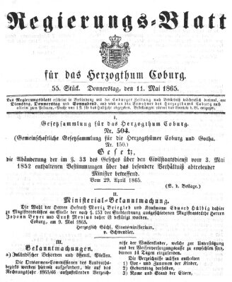 Regierungs-Blatt für das Herzogtum Coburg (Coburger Regierungs-Blatt) Donnerstag 11. Mai 1865