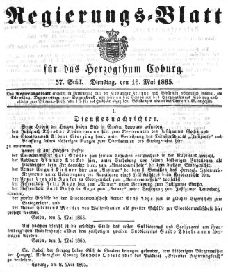 Regierungs-Blatt für das Herzogtum Coburg (Coburger Regierungs-Blatt) Dienstag 16. Mai 1865