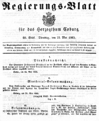 Regierungs-Blatt für das Herzogtum Coburg (Coburger Regierungs-Blatt) Dienstag 23. Mai 1865