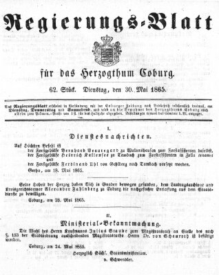 Regierungs-Blatt für das Herzogtum Coburg (Coburger Regierungs-Blatt) Dienstag 30. Mai 1865