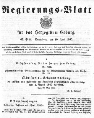 Regierungs-Blatt für das Herzogtum Coburg (Coburger Regierungs-Blatt) Samstag 10. Juni 1865