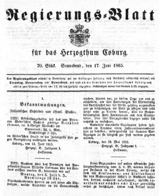 Regierungs-Blatt für das Herzogtum Coburg (Coburger Regierungs-Blatt) Samstag 17. Juni 1865