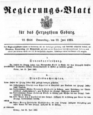 Regierungs-Blatt für das Herzogtum Coburg (Coburger Regierungs-Blatt) Donnerstag 22. Juni 1865