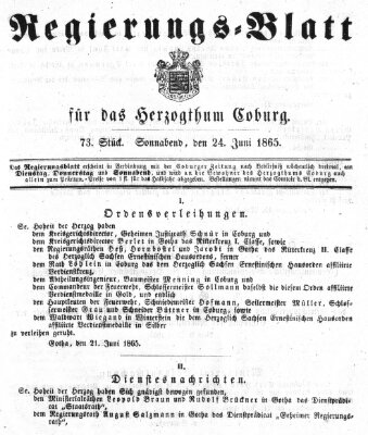 Regierungs-Blatt für das Herzogtum Coburg (Coburger Regierungs-Blatt) Samstag 24. Juni 1865