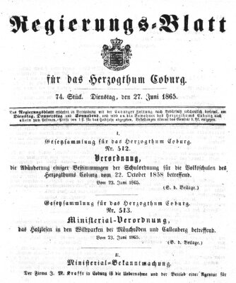 Regierungs-Blatt für das Herzogtum Coburg (Coburger Regierungs-Blatt) Dienstag 27. Juni 1865