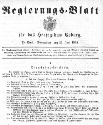 Regierungs-Blatt für das Herzogtum Coburg (Coburger Regierungs-Blatt) Donnerstag 29. Juni 1865