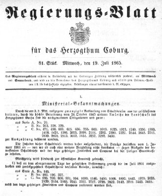 Regierungs-Blatt für das Herzogtum Coburg (Coburger Regierungs-Blatt) Mittwoch 19. Juli 1865