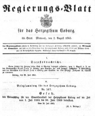 Regierungs-Blatt für das Herzogtum Coburg (Coburger Regierungs-Blatt) Mittwoch 2. August 1865