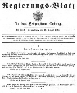 Regierungs-Blatt für das Herzogtum Coburg (Coburger Regierungs-Blatt) Samstag 12. August 1865