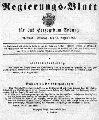 Regierungs-Blatt für das Herzogtum Coburg (Coburger Regierungs-Blatt) Mittwoch 16. August 1865