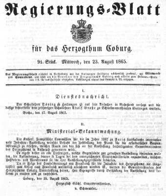 Regierungs-Blatt für das Herzogtum Coburg (Coburger Regierungs-Blatt) Mittwoch 23. August 1865