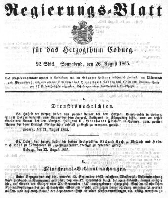 Regierungs-Blatt für das Herzogtum Coburg (Coburger Regierungs-Blatt) Samstag 26. August 1865