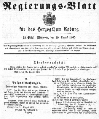 Regierungs-Blatt für das Herzogtum Coburg (Coburger Regierungs-Blatt) Mittwoch 30. August 1865