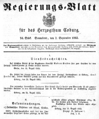 Regierungs-Blatt für das Herzogtum Coburg (Coburger Regierungs-Blatt) Samstag 2. September 1865