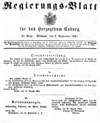 Regierungs-Blatt für das Herzogtum Coburg (Coburger Regierungs-Blatt) Mittwoch 6. September 1865