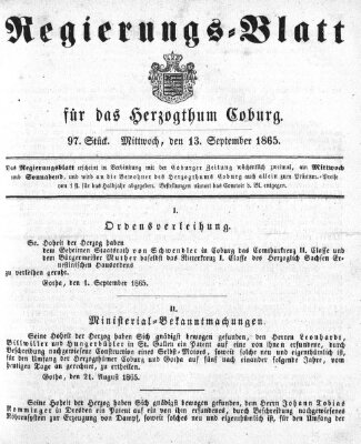 Regierungs-Blatt für das Herzogtum Coburg (Coburger Regierungs-Blatt) Mittwoch 13. September 1865