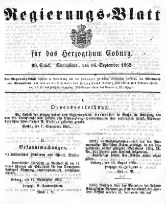 Regierungs-Blatt für das Herzogtum Coburg (Coburger Regierungs-Blatt) Samstag 16. September 1865