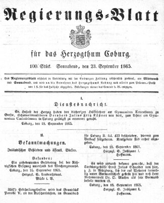 Regierungs-Blatt für das Herzogtum Coburg (Coburger Regierungs-Blatt) Samstag 23. September 1865