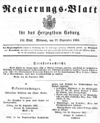 Regierungs-Blatt für das Herzogtum Coburg (Coburger Regierungs-Blatt) Mittwoch 27. September 1865