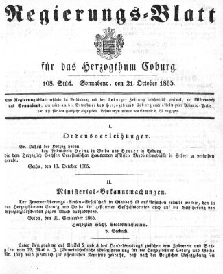 Regierungs-Blatt für das Herzogtum Coburg (Coburger Regierungs-Blatt) Samstag 21. Oktober 1865