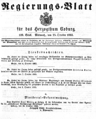 Regierungs-Blatt für das Herzogtum Coburg (Coburger Regierungs-Blatt) Mittwoch 25. Oktober 1865