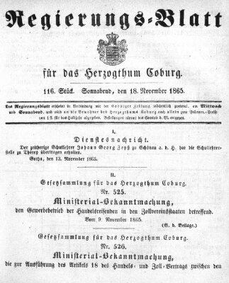 Regierungs-Blatt für das Herzogtum Coburg (Coburger Regierungs-Blatt) Samstag 18. November 1865