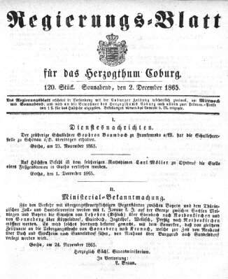 Regierungs-Blatt für das Herzogtum Coburg (Coburger Regierungs-Blatt) Samstag 2. Dezember 1865