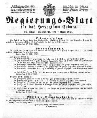 Regierungs-Blatt für das Herzogtum Coburg (Coburger Regierungs-Blatt) Samstag 7. April 1866