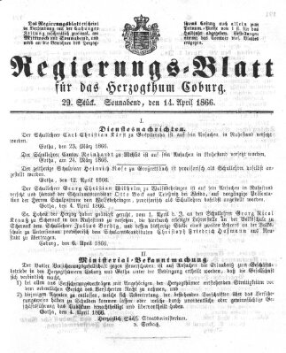 Regierungs-Blatt für das Herzogtum Coburg (Coburger Regierungs-Blatt) Samstag 14. April 1866