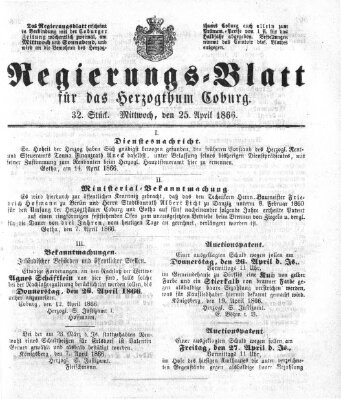 Regierungs-Blatt für das Herzogtum Coburg (Coburger Regierungs-Blatt) Mittwoch 25. April 1866