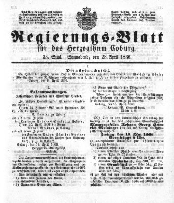 Regierungs-Blatt für das Herzogtum Coburg (Coburger Regierungs-Blatt) Samstag 28. April 1866