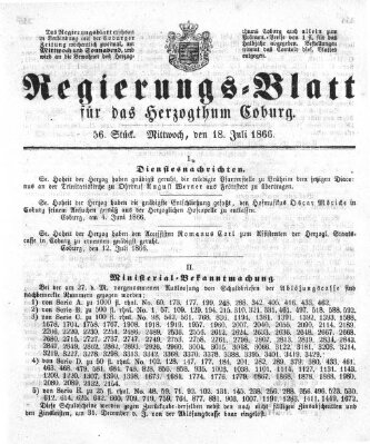 Regierungs-Blatt für das Herzogtum Coburg (Coburger Regierungs-Blatt) Mittwoch 18. Juli 1866