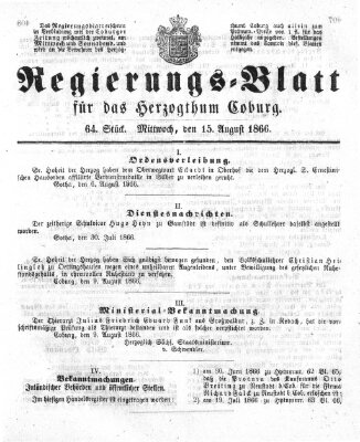 Regierungs-Blatt für das Herzogtum Coburg (Coburger Regierungs-Blatt) Mittwoch 15. August 1866