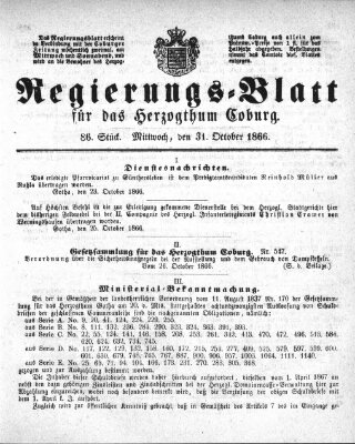 Regierungs-Blatt für das Herzogtum Coburg (Coburger Regierungs-Blatt) Mittwoch 31. Oktober 1866