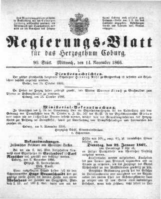 Regierungs-Blatt für das Herzogtum Coburg (Coburger Regierungs-Blatt) Mittwoch 14. November 1866