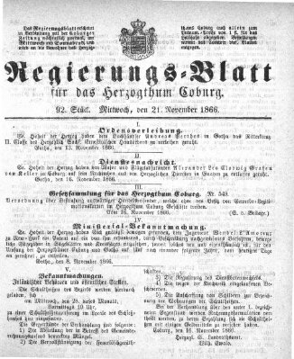 Regierungs-Blatt für das Herzogtum Coburg (Coburger Regierungs-Blatt) Mittwoch 21. November 1866