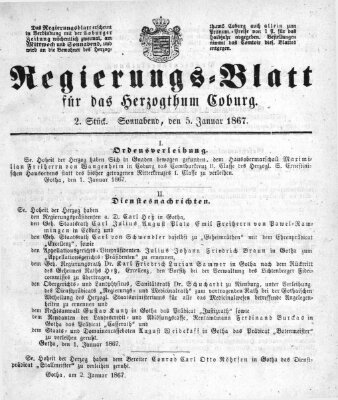 Regierungs-Blatt für das Herzogtum Coburg (Coburger Regierungs-Blatt) Samstag 5. Januar 1867